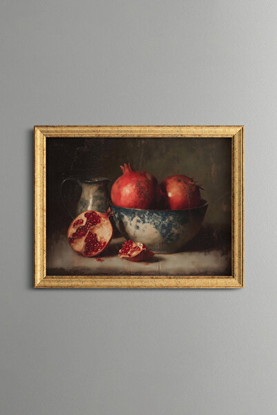 epiqart Pomegranates in a Chinese-Style Bowl - Vintage Patterned Painting - F...