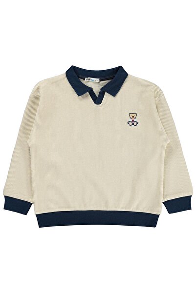 Civil Boys Teddy Bear Embroidered Polo Collar Sweatshirt for 6-9 Years - Beige