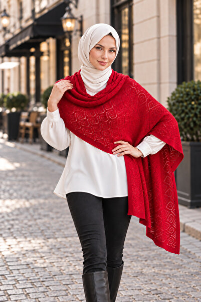 Zeneva Collection Κόκκινο γυναικείο διάτρητο μαλακό πλεκτό σάλι ώμου με σχέδι...
