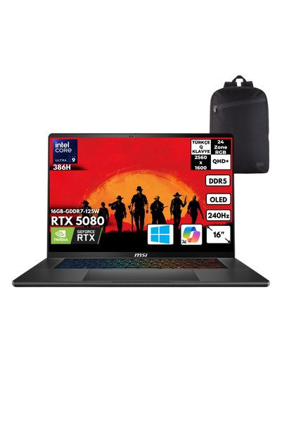 MSI Stealth 16 AI+ U9-386H 32GB 4 TBSSD RTX5080 125W 16" QHD+ Win11H +S.Çanta...