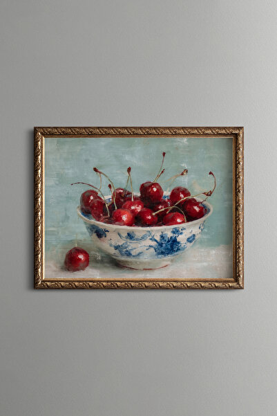 epiqart Cherries in Blue Porcelain Bowl - Vintage Patterned Painting - Fine M...