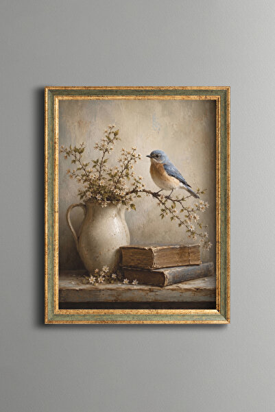 epiqart Blue Bird on a Flowering Branch and Old Books - Vintage Patterned Pai...