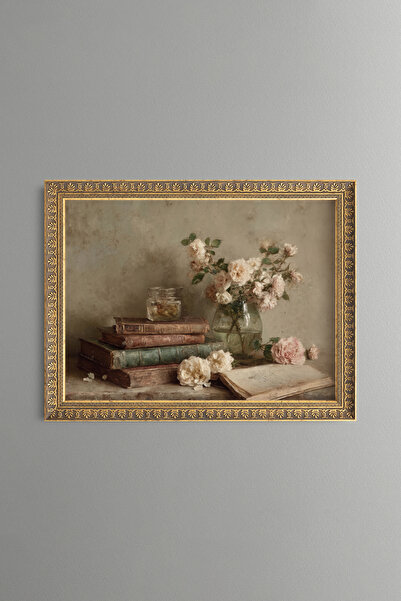 epiqart Roses among Old Books - Vintage Patterned Painting - Fine Model