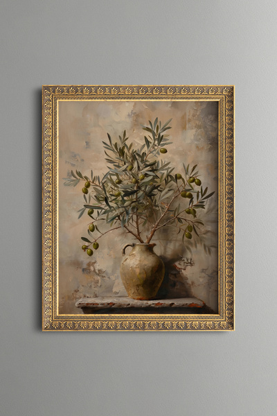 epiqart Olive Branches in a Vase - Vintage Patterned Painting - Fine Model