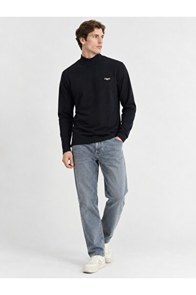 Galvanni Men's Stand Collar Long Sleeve Navy Blue T-Shirt