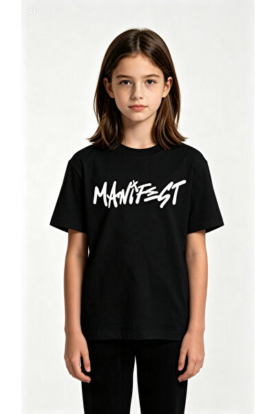 Manifest Yazılı Baskılı Tişört Oversize Pamuklu Kısa Kollu Siyah T-Shirt