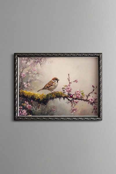 epiqart Sparrow on a Mossy Flower Branch - Vintage Patterned Painting - Fine ...