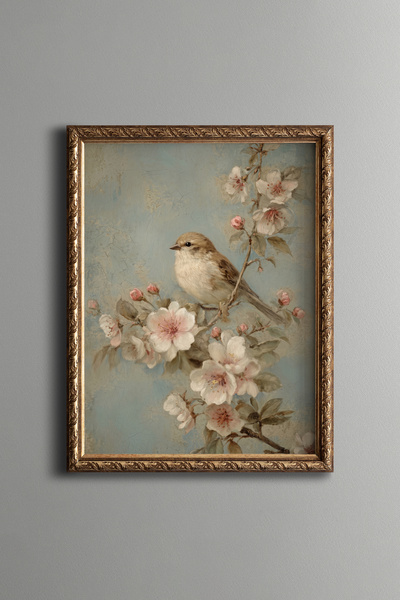 epiqart Bahar Çiçekleri Arasında Küçük Kuş - Vintage Desenli Tablo - İnce Model