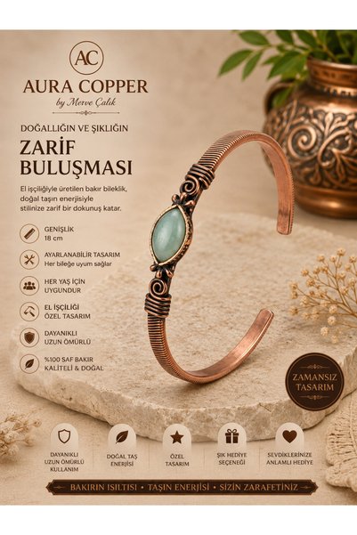 AURA COPPER Natural Stone Copper Bracelet 18 cm Adjustable Handmade Handcuff Bracelet