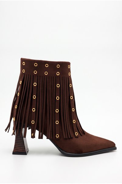 Shoesers Women's Thick Striped Heeled Pointed Toe Studded Tasseled Suede Western Design Boots