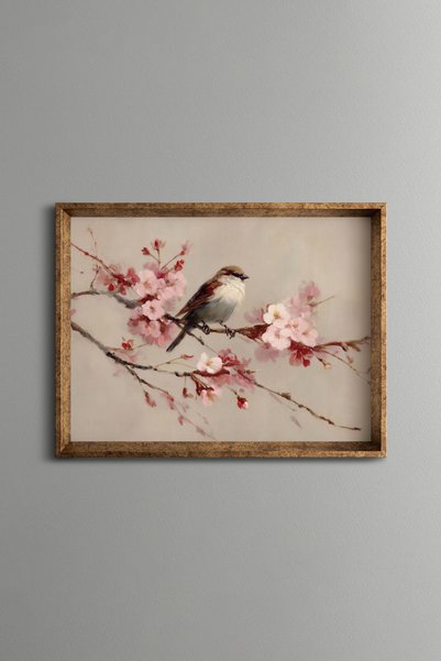 epiqart طائر على غصن زهور وردي - لوحة بتصميم عتيق - نموذج رفيع