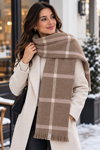 Toptantekstilcim Plaid Patterned Soft Texture Shoulder Shawl