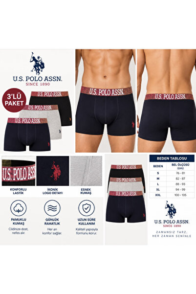 U.S. Polo Assn. Men's (Black-Grey Melange-Navy Blue), 3 Pieces of Boxers (Boxed)