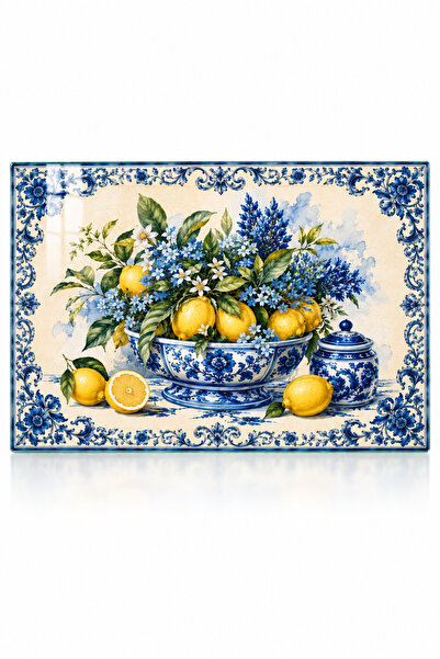 Decorita Cam Kesme Tahtası - Cam Kesme Tablası | Mavi Çini Tabağı Limon Desenli | 30cm x 40cm