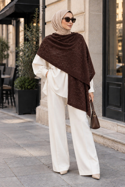 Zeneva Collection Καφέ γυναικείο διάτρητο μαλακό πλεκτό σάλι ώμου με σχέδιο π...