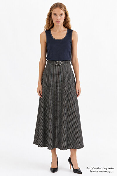 Exquise Belted Zippered Regular Flared Midi Skirt