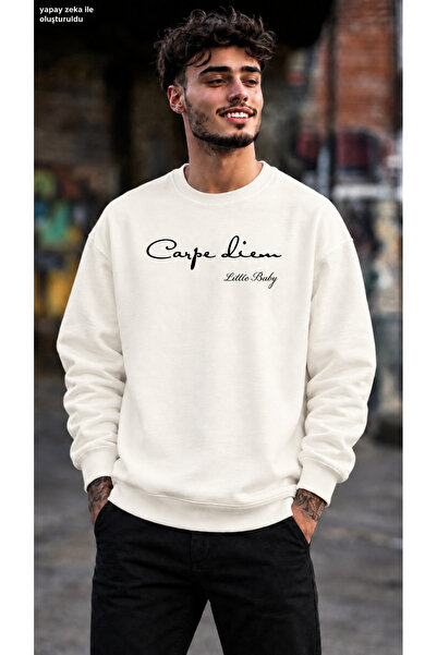 caddekombin Men's Carpe Diem Written Minimal Typographic Graphic Printed Crew...