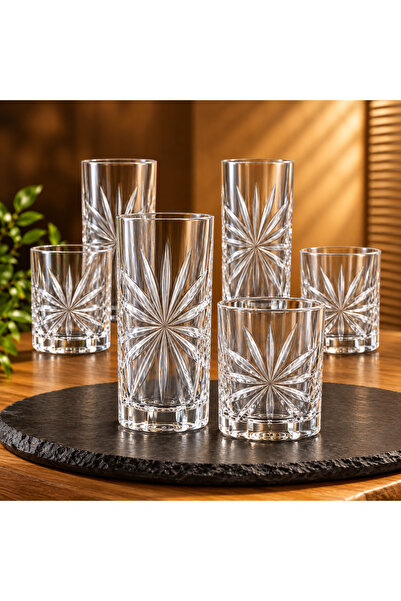 Elta Collection 12 Parça Kristal Görünümlü Su Takımı – 6 Uzun 6 Kısa Bardak S...