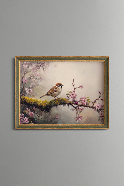 epiqart Sparrow on a Mossy Flower Branch - Vintage Patterned Painting - Fine ...