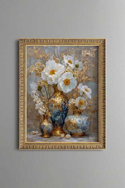 epiqart White Flowers in Vases - Vintage Patterned Painting - Fine Model