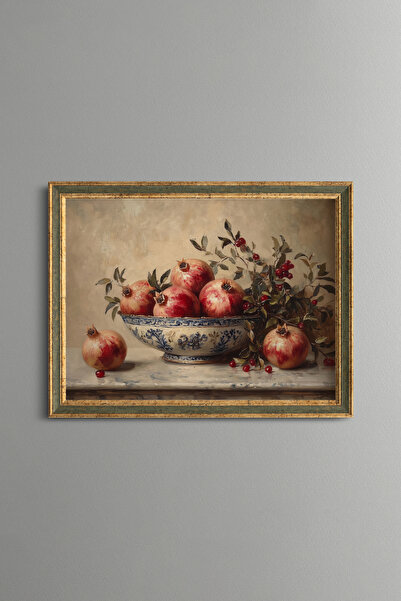 epiqart Abundance of Pomegranates in a Chinaware Bowl - Vintage Patterned Pai...