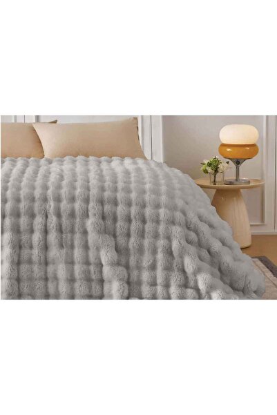 Merinos Angora Kürk Bubble Tavşan Tüyü Battaniye 220X240 Kutulu Gri