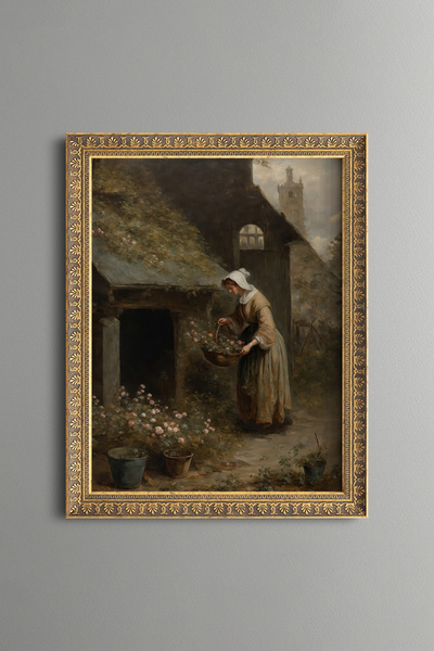 epiqart Woman Picking Flowers in the Country Garden - Vintage Patterned Paint...
