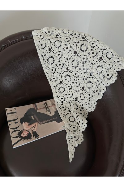 Enez Hand Knitted Patterned White Triangle Shawl / Scarf