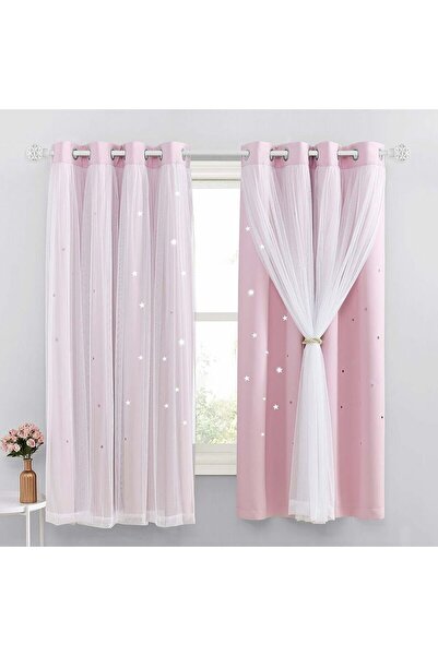 Noonedibs Perdea blackout roz-deschis cu stele luminoase, 132 x 160 cm, dublu...
