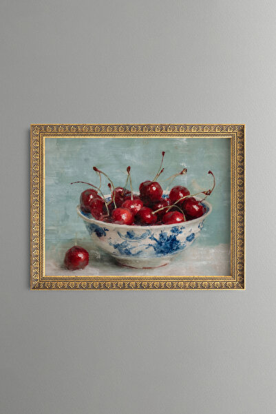 epiqart Cherries in Blue Porcelain Bowl - Vintage Patterned Painting - Fine M...