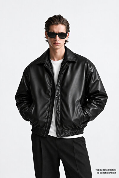 Layk Mayk Men's Oversize Black Leather Jacket-00225067