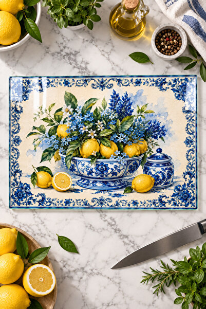 Decorita Glass Cutting Board - Glass Cutting Table |   Blue Tile Plate with L...