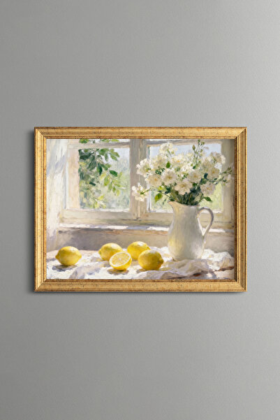 epiqart Lemons and White Flowers in Front of the Window - Vintage Patterned P...