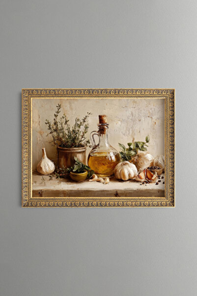 epiqart Olive Oil and Garlic Still Life - Vintage Patterned Painting - Fine M...