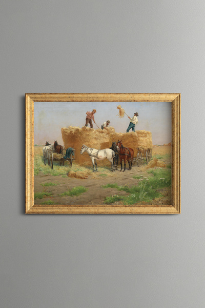 epiqart Harvest Time with Horse-Drawn Carts - Vintage Patterned Painting - Fi...