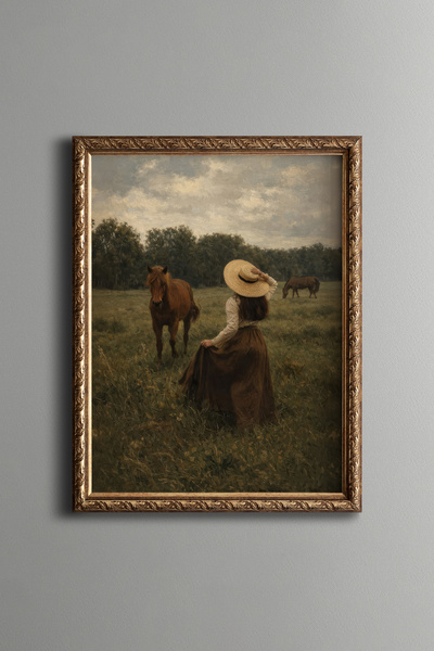 epiqart Young Woman with Straw Hat and Horses - Vintage Patterned Painting - ...