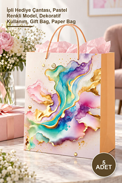 Yenilig 5 Large Cardboard Bags – Drawstring Gift Bag, Pastel Colored Model, D...
