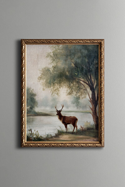 epiqart Deer on the Edge of the Forest Lake - Vintage Patterned Painting - Fi...