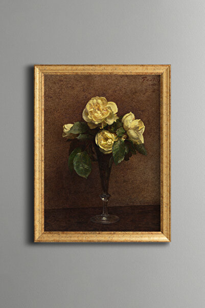epiqart Yellow Roses in Glass Vase - Vintage Patterned Painting - Fine Model
