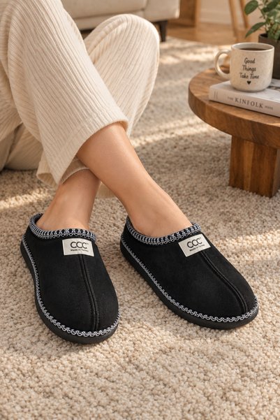 ZARICH Fuzz Black Women's Suede-Look Indoor Slippers with Non-Slip Soles, Warm and Comfortable Slippers