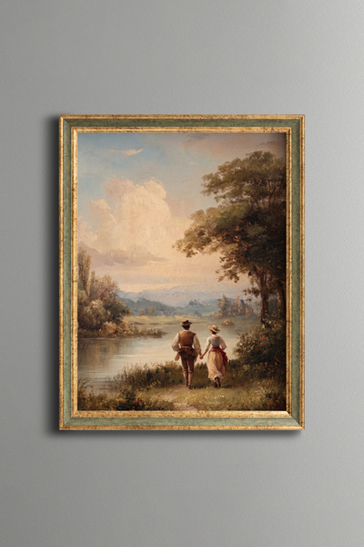 epiqart Couple Walking Hand in Hand by the Lake - Vintage Patterned Painting ...