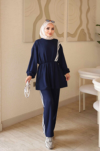 İmajButik Navy Blue Elastic Waist Striped Tunic and Trousers Set