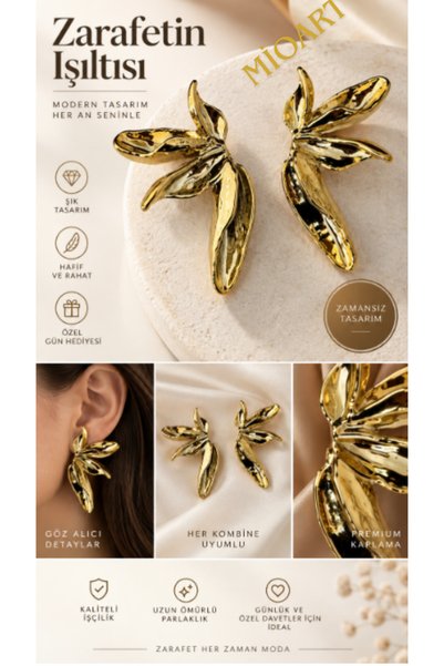 MioArt Aurora Gold Yaprak Tasarım Küpe