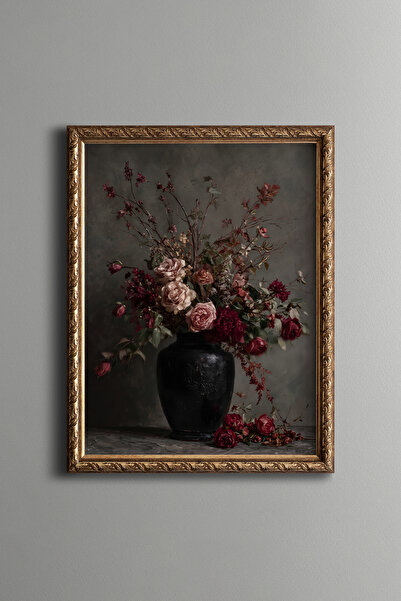 epiqart Siyah Vazoda Pembe ve Bordo Güller - Vintage Desenli Tablo - İnce Model