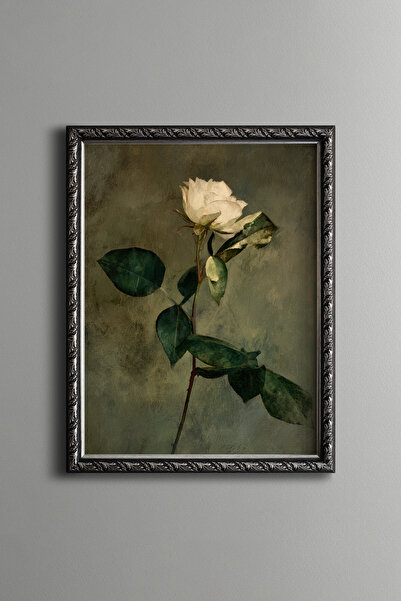 epiqart White Rose on Green Background - Vintage Patterned Painting - Fine Model
