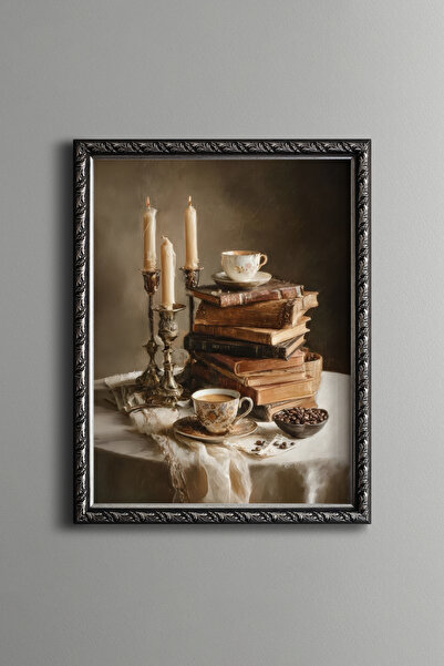 epiqart Book and Coffee by Candlelight - Vintage Patterned Painting - Fine Model