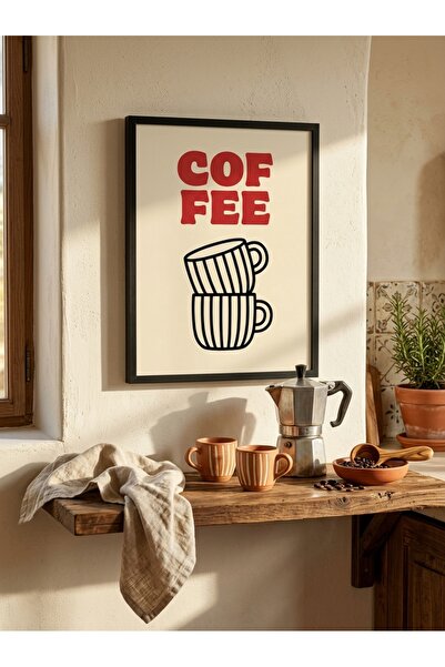 mora store Coffee Yazılı Retro Duvar Tablosu – Çerçeve Desenli Baskı, Kahve K...