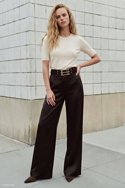 Sateen Kemer Detaylı Saten Pantolon - Kahve
