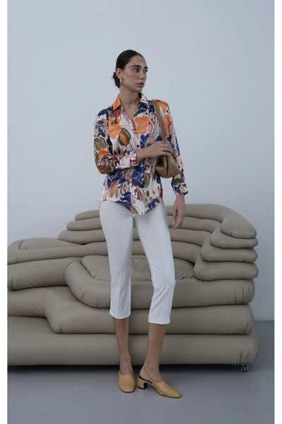 roea Floral Patterned Satin Shirt Orange