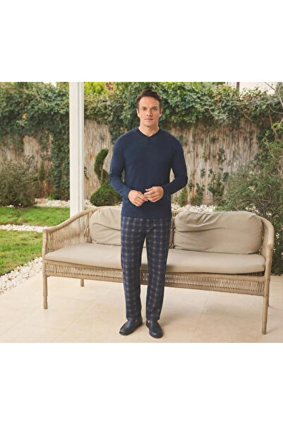 Pijamoni Men's Combed Cotton Fabric Buttoned Collar Dark Navy Blue Pajama Set
